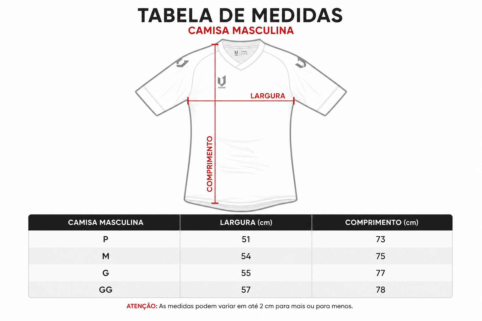 Tabela de medidas da camisa masculina Villa Nova A.C.
