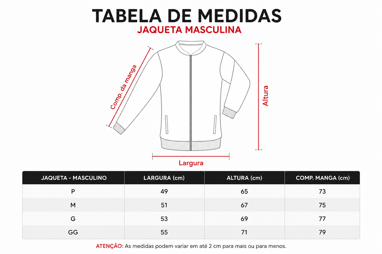 Tabela de medidas da jaqueta masculina Villa Nova A.C.